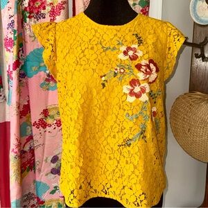 Yellow Lace Floral Embroidered Cap-Sleeve Top